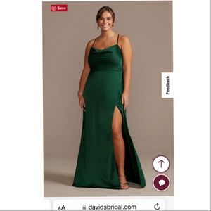 David’s Bridal Green Satin Dress SHINY CHARMEUSE COWL NECK SLIP DRESS WITH SLIT